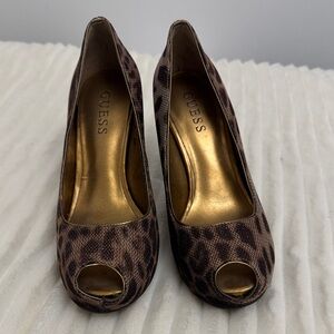 GUESS Leopard Print Peep-Toe Heels with Gold Insole